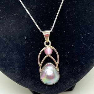 MABE Blister Pearl Abalone 925 Sterling Silver Chain Pendant w/ Pink Cat Eye